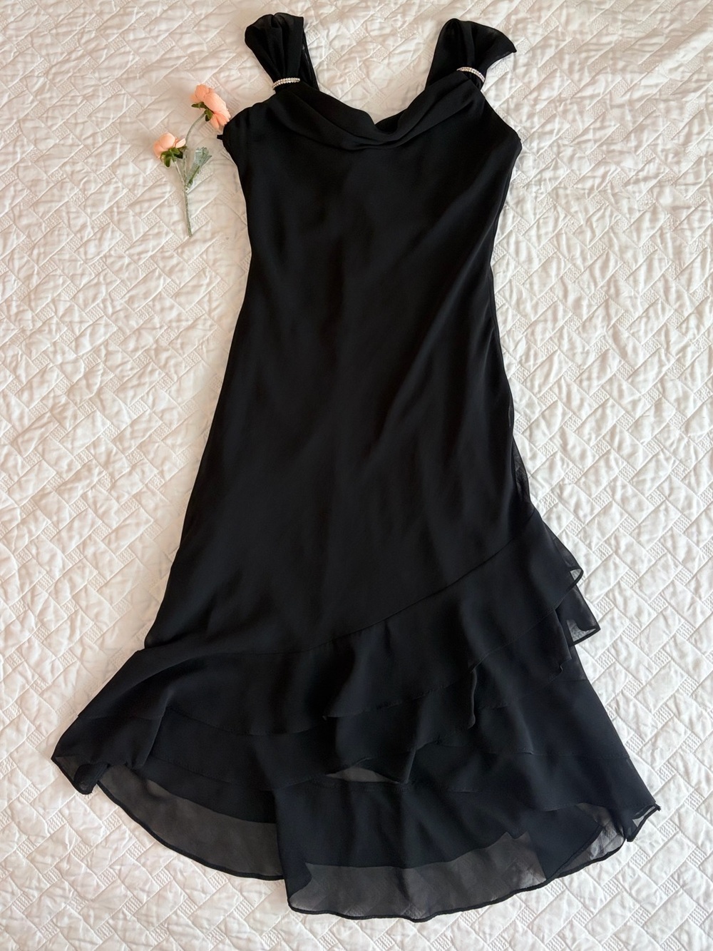 Eureka Black Cowl Neck Ruffle Hem Dress Rhinestone Clips Size Medium Made USA